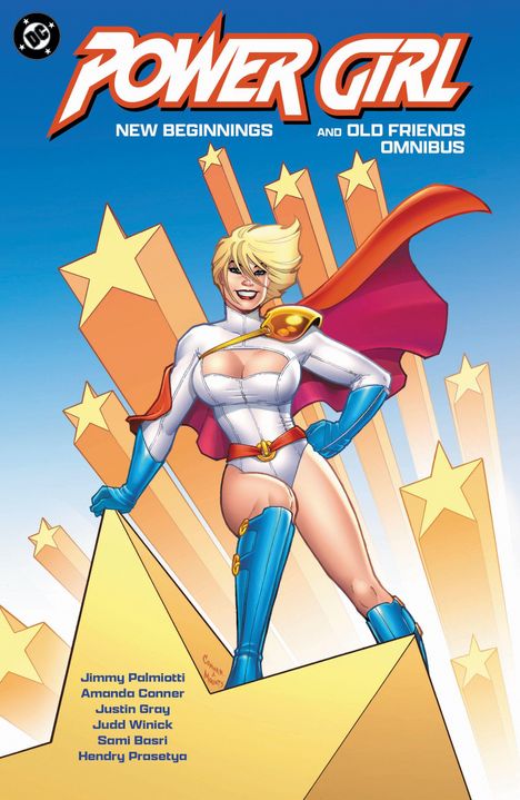 „Power Girl: New Beginnings and Old Friends Omnibus“. Eine Superheldin in Weiß posiert vor orangefarbenen Sternen.