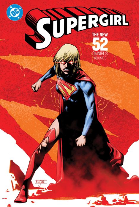"Supergirl The New 52 Omnibus Volume 2" steht über einer kämpfenden Superheldin. Hintergrund ist rot-orange.