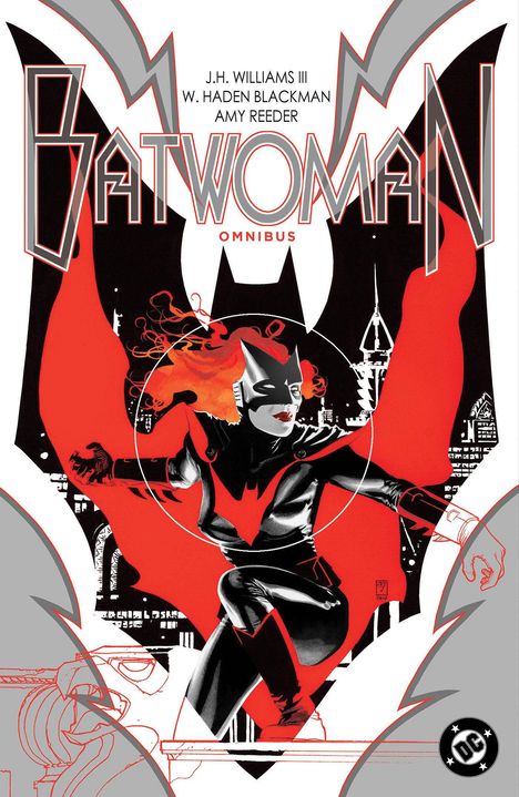 "BATWOMAN OMNIBUS" steht in großen Buchstaben. Eine Illustration zeigt Batwoman mit rotem Umhang und langen roten Haaren.