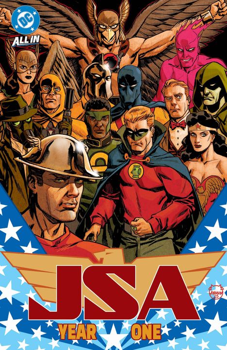 "JSA Year One" in großen Buchstaben unten. Illustration von Superhelden, ein großes DC-Logo oben links.