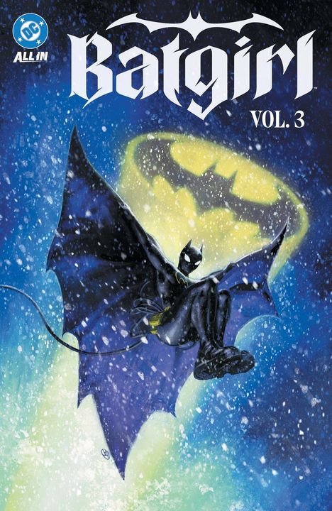 "Batgirl Vol. 3" in großer Schrift. Eine gezeichnete Batgirl-Figur schwingt in Schneefall vor einem leuchtenden Batman-Symbol.