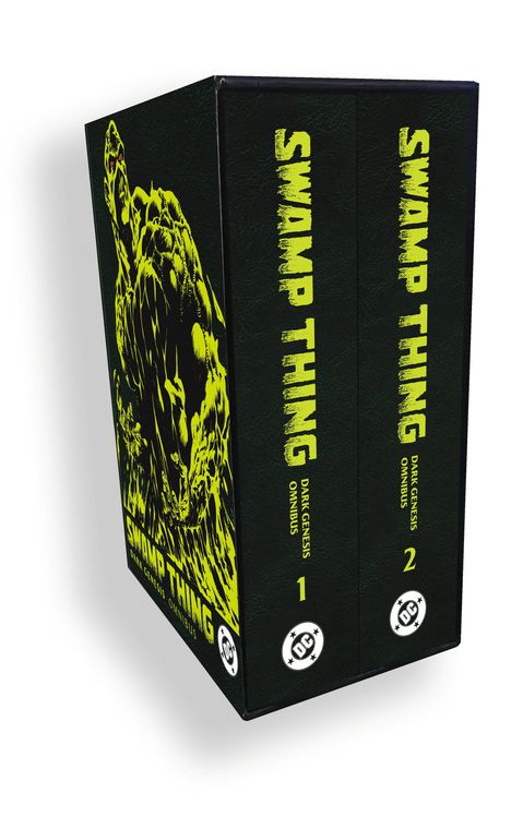 "SWAMP THING DARK GENESIS OMNIBUS 1" und "2". Illustration eines düsteren, pflanzenartigen Wesens in grüntönen.
