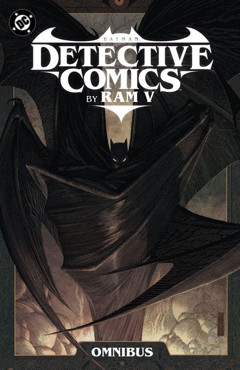 "DETECTIVE COMICS," "BATMAN," "BY RAM V," "OMNIBUS." Illustration von Batman mit ausgebreitetem Cape, stilvoll und dunkel.