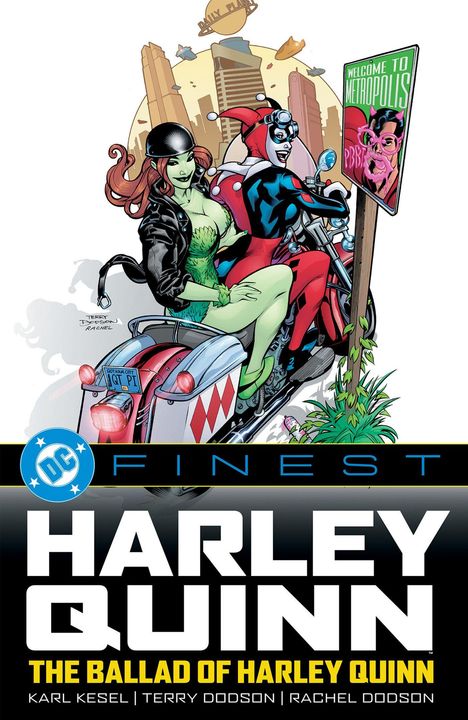 Texte: Welcome to Metropolis, Harley Quinn, The Ballad of Harley Quinn. Illustration von zwei Frauen auf einem Motorrad.
