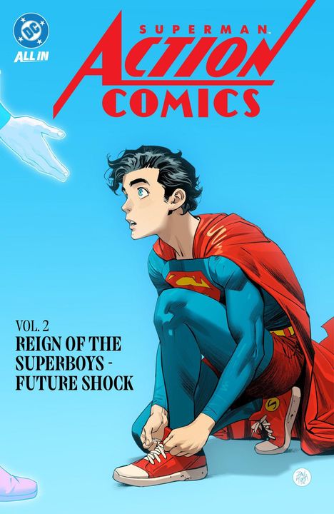 „Superman Action Comics“, Vol. 2 „Reign of the Superboys - Future Shock“. Zeichnung von jungem Superhelden in blauer Uniform.