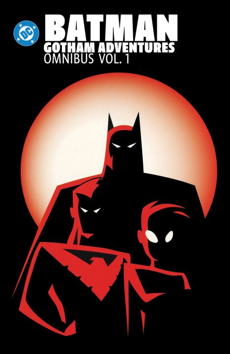 "BATMAN GOTHAM ADVENTURES OMNIBUS VOL. 1." Illustration von Batman mit roten und schwarzen Silhouetten vor einem roten Kreis.