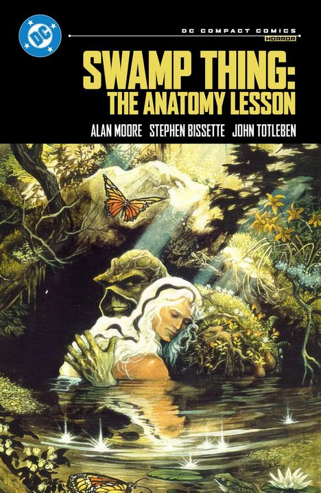 "Swamp Thing: The Anatomy Lesson" und die Namen von Alan Moore, Stephen Bissette, John Totleben. Illustration: Waldszene mit Swamp Thing, einer Frau, Schmetterlingen und einem Frosch.