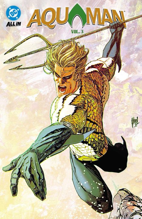 "Aquaman Vol. 3". Illustration eines Mannes in Schuppenanzug mit Dreizack, dynamisch und kraftvoll dargestellt.