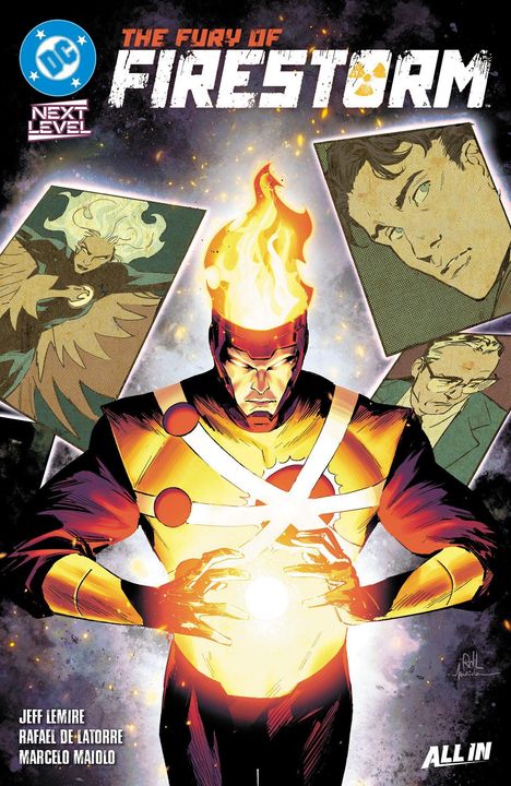 Oben: "The Fury of Firestorm", darunter Porträt eines Superhelden mit flammendem Kopf. Logos und drei kleinere Zeichnungen.