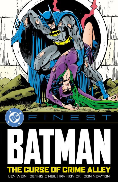 „THE CURSE OF CRIME ALLEY“. Batman beschützt eine verletzte Frau in Katzengestalt in einer dramatischen Comic-Illustration.