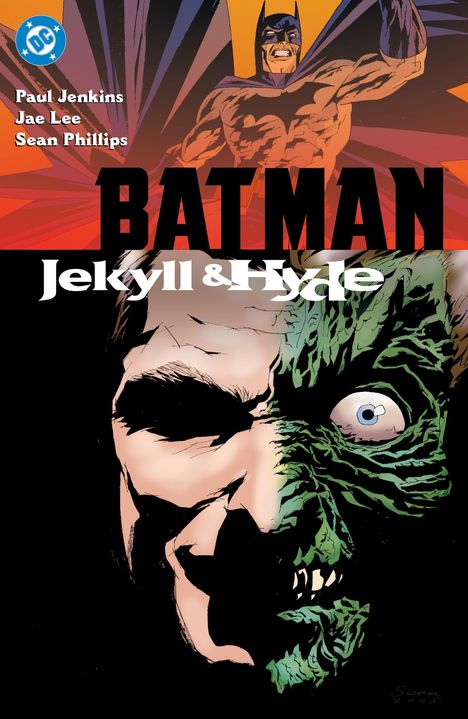 Text: "Batman: Jekyll & Hyde". Illustration: Batman im Hintergrund, vorn ein gespaltenes Gesicht, halb menschlich, halb grün.