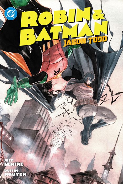 "ROBIN & BATMAN JASON TODD" steht groß oben. Darunter fliegt Robin kopfüber neben Batman durch eine Stadt mit vielen Fledermäusen.