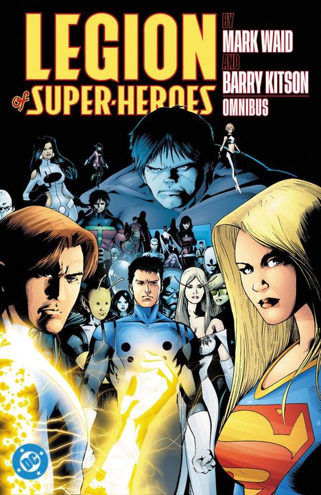 „LEGION of SUPER-HEROES“ oben, darunter Comicfiguren in dynamischen Posen, farbenfroh und ausdrucksstark gezeichnet.