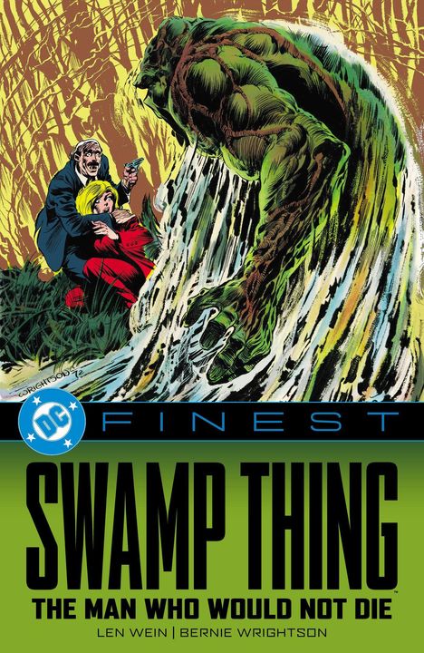 DC FINEST SWAMP THING THE MAN WHO WOULD NOT DIE. Illustration eines grünen Monsters, das auf zwei Menschen zugeht.