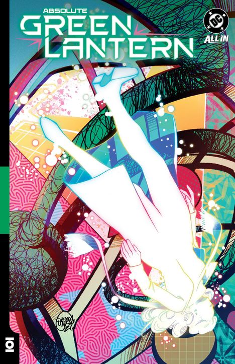 "Absolute Green Lantern" steht oben. Eine weiße Figur schwebt in einem bunten, abstrakten Hintergrund.