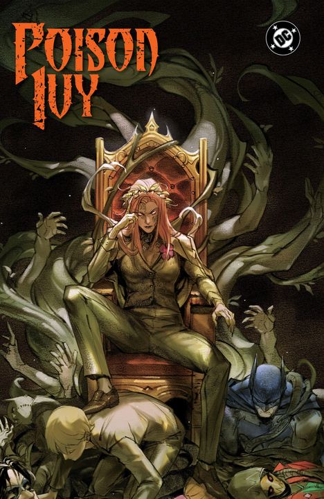 "Poison Ivy" in orangen Buchstaben. Frau auf Thron, Pflanzen winden sich, zwei kniende Figuren, darunter eine maskierte.