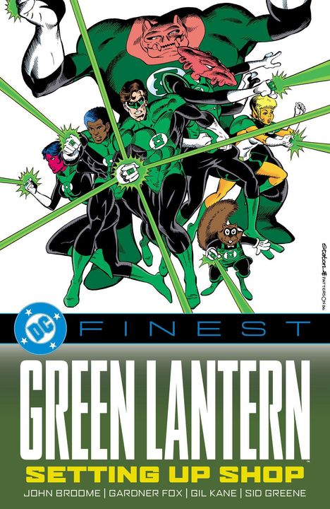 "DC's FINEST GREEN LANTERN SETTING UP SHOP" steht unten. Superhelden mit grünen Kostümen und Ringen posieren dynamisch.