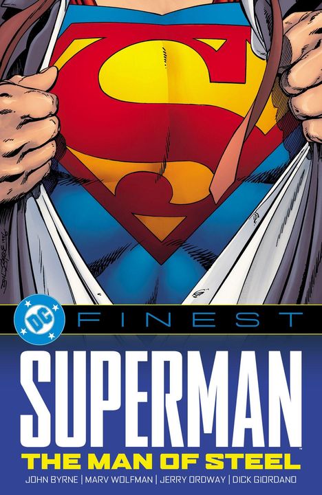 Text: "DC FINEST SUPERMAN THE MAN OF STEEL"
Illustration: Superman-Shirt mit rotem S-Symbol auf gelbem Hintergrund.