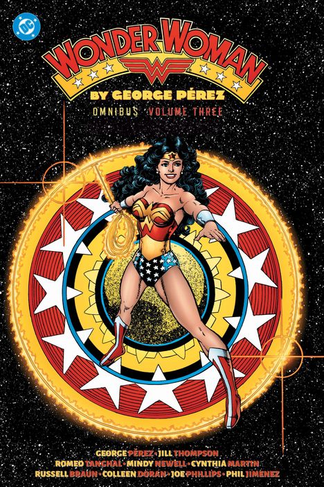 „WONDER WOMAN“ in Rot, George Pérez in Gelb, Omnibus Volume Three. Illustration: Frau in Superheldenkostüm mit Lasso.