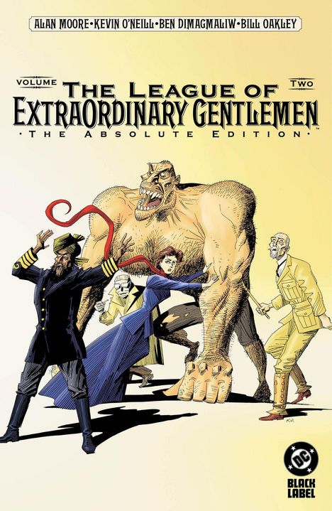 Text: "The League of Extraordinary Gentlemen: The Absolute Edition." Illustration von fünf abenteuerlichen Figuren, darunter ein großes Monster.