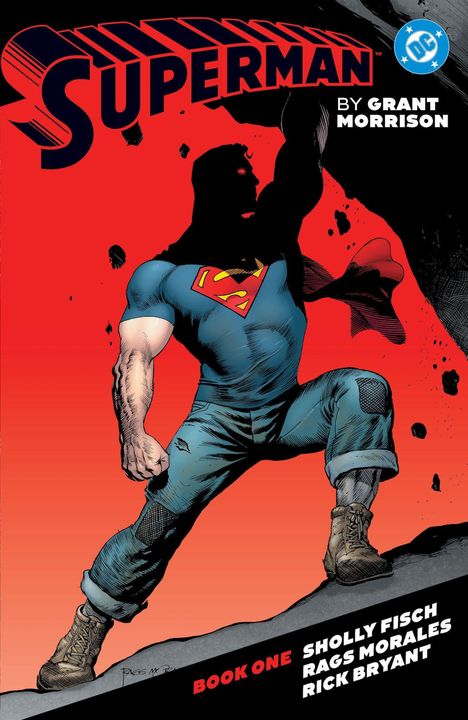 "SUPERMAN", "BY GRANT MORRISON". Illustration von Superman, in Jeans und Stiefeln, mit rotem Umhang vor rotem Hintergrund.