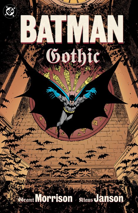 "BATMAN Gothic" steht oben. Batman fliegt durch ein Rundfenster einer Kathedrale, umgeben von Fledermäusen. Retro-Stil.