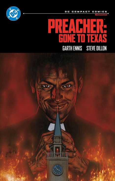 "PREACHER: GONE TO TEXAS" mit düsterem Gesicht, lächelnd, über Kirchenturm mit Kreuz, Flammen im Hintergrund.