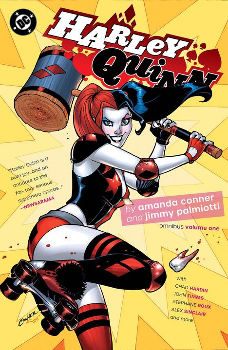 "Harley Quinn" und "by amanda conner and jimmy palmiotti" in fetten Buchstaben. Illustration von Harley Quinn mit Hammer.