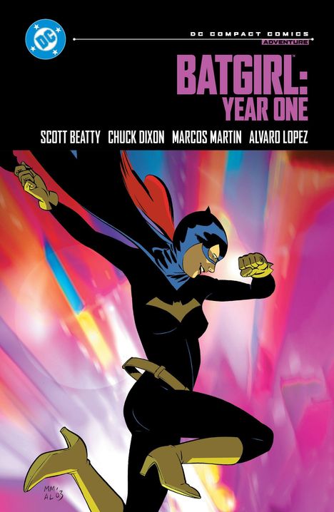 "BATGIRL: YEAR ONE" in lila Schrift. Illustration: Batgirl springt dynamisch vor buntem Hintergrund.