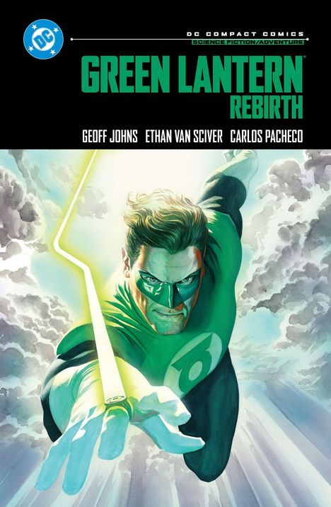 "Green Lantern Rebirth" steht in großen grünen Buchstaben. Ein Held in grünem Anzug fliegt energisch durch Wolken.
