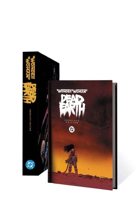 „Wonder Woman Dead Earth Absolute Edition“; Illustration, Frau mit Cape vor rotem Himmel und dunklem Boden.