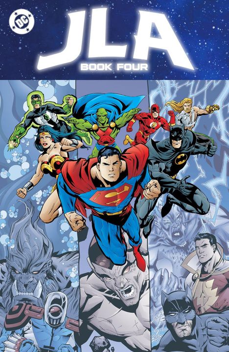 "JLA Book Four" steht oben in großen Lettern, darunter fliegende Superhelden in dynamischen Posen. Comics-Stil.