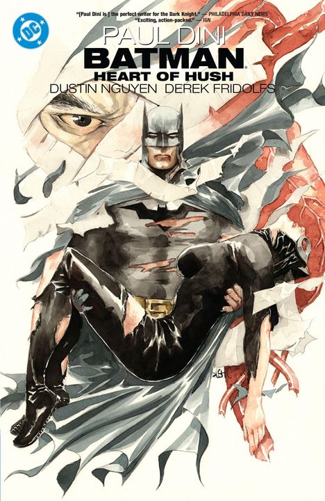 "Paul Dini, Batman: Heart of Hush, Dustin Nguyen, Derek Fridolfs." Batman hält eine bewusstlose Catwoman auf einem Kunstcover.