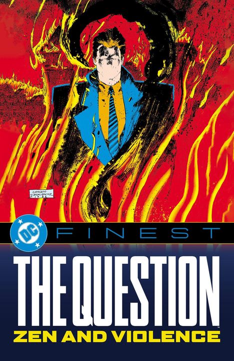 „THE QUESTION: ZEN AND VIOLENCE“. Illustration eines Mannes im blauen Mantel, umgeben von Flammen, auf rotem Hintergrund.
