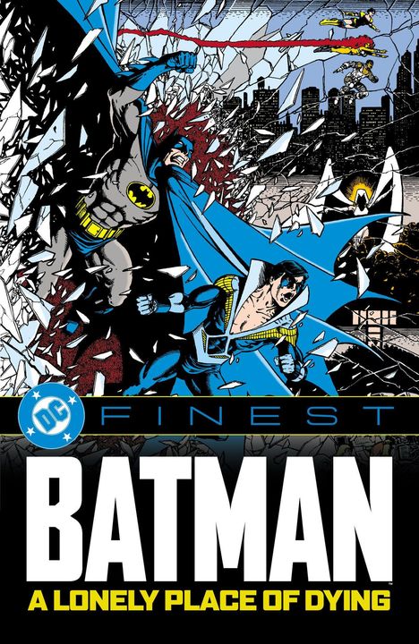"DC FINEST BATMAN A LONELY PLACE OF DYING" Illustration. Batman und ein anderer Held durchbrechen Glas. Im Hintergrund eine Stadt.