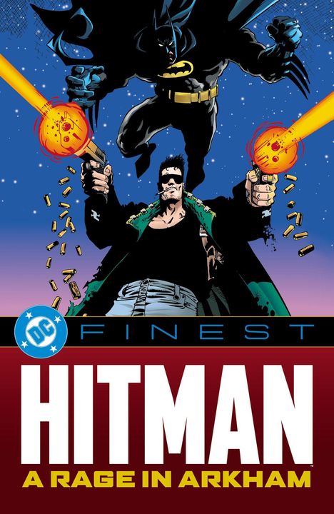 "DC's Finest: Hitman - A Rage in Arkham" steht in großer Schrift. Eine dunkle Kämpferfigur schwebt darüber. Eine andere schießt.