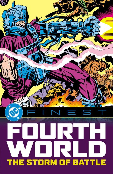 DC FINEST. FOURTH WORLD. THE STORM OF BATTLE. Ein Krieger in Rüstung kämpft gegen Kreaturen, umgeben von Explosionen.