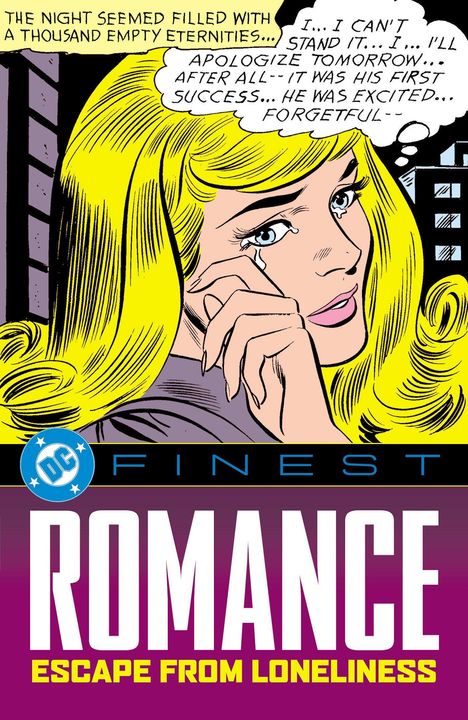 "ROMANCE ESCAPE FROM LONELINESS" steht unter einer weinenden Frau mit gelbem Haar und Gedankenblasen.