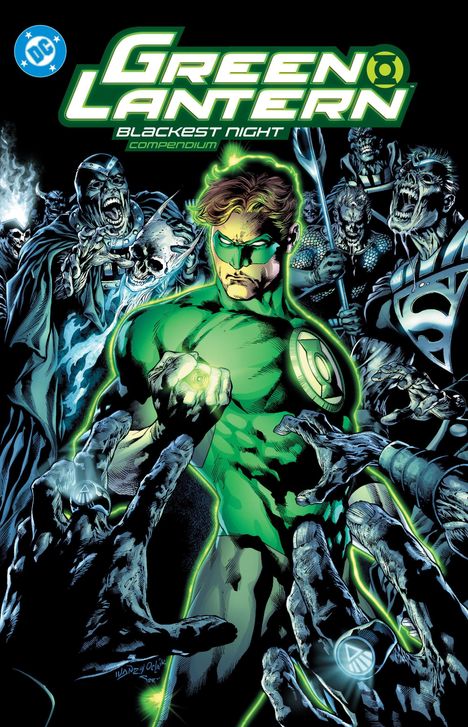 "Green Lantern: Blackest Night Compendium" oben. Leuchtender Held mit grüner Maske, umgeben von unheimlichen Gestalten. Comic-Stil.