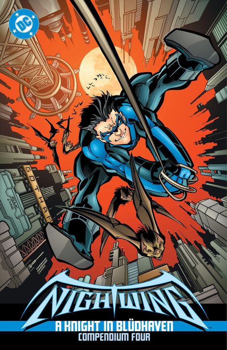 Nightwing: A Knight in Blüdhaven Compendium Four. Superheld in Blau schwingt an Seil, Stadtlandschaft im Hintergrund.