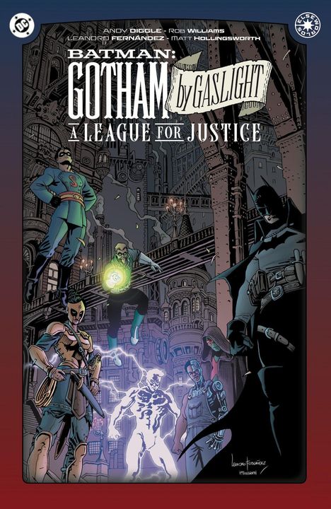 Batman: Gotham by Gaslight. A League for Justice. Figuren in viktorianischer Stadt, Batman rechts.
