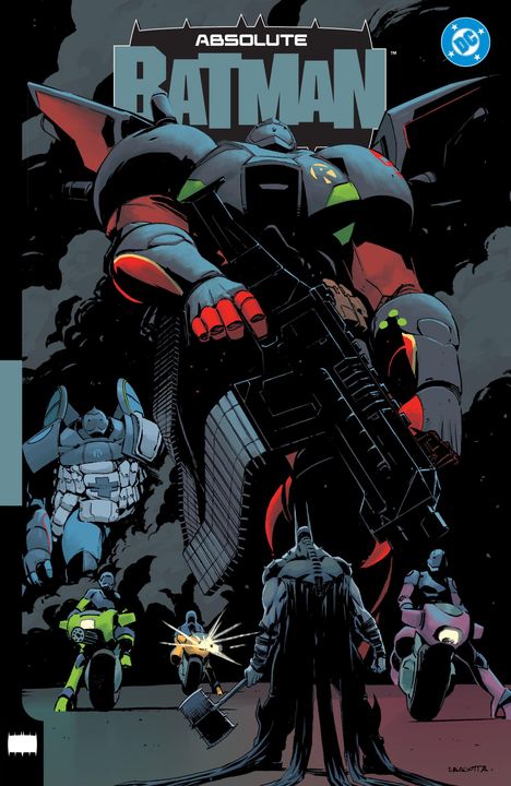 Text: "Absolute Batman". Illustration von Batman, mit riesigem Roboter und Figuren auf Motorrädern.