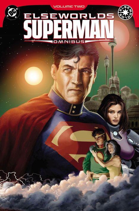 Texte: Volume Two, Elseworlds Superman Omnibus. Illustration: Superman in heroischer Pose, futuristische Gebäude im Hintergrund.