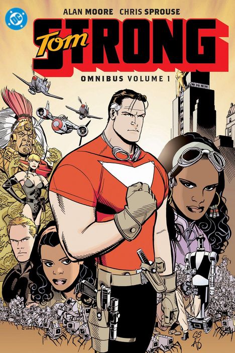 Text: "Tom Strong Omnibus Volume 1" von Alan Moore und Chris Sprouse. Illustration von actionreichen Figuren und einem Stadtbild.
