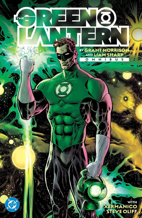 „THE GREEN LANTERN“ in großen Buchstaben. Ein muskulöser Superheld in grünem Kostüm hält eine leuchtende Laterne.
