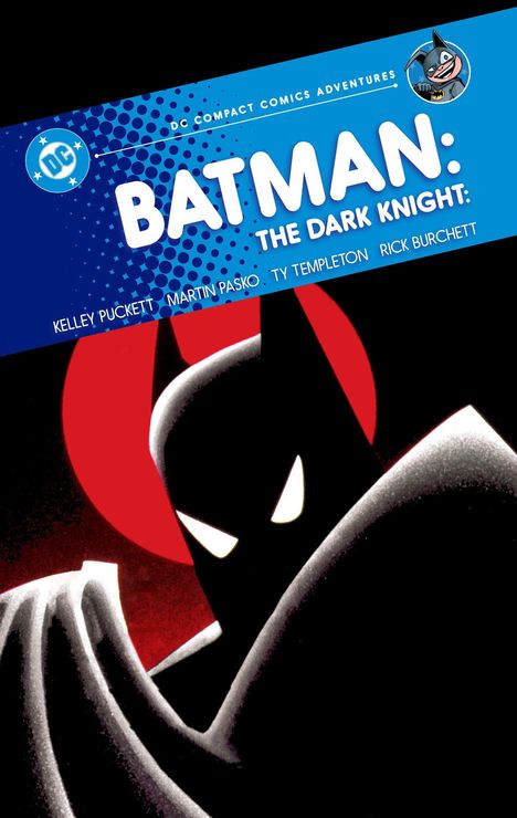 Blauer Titel: "BATMAN: THE DARK KNIGHT". Illustration: Batman mit roten Hintergrund, stilisierte Darstellung.