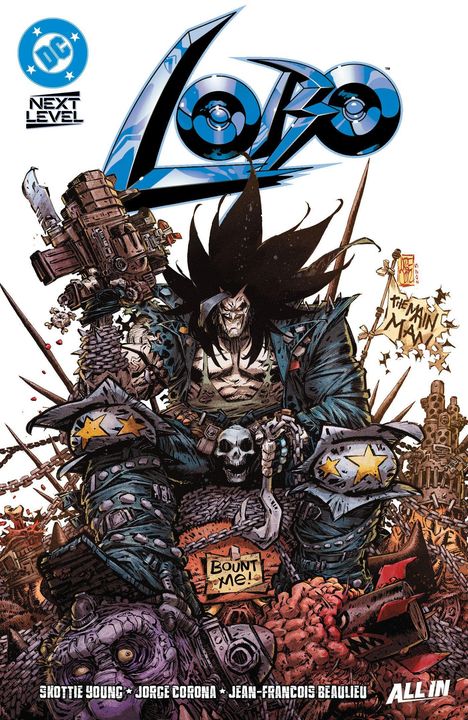 "Next Level Lobo", "The Main Man", "Bounty Me!", Zeichnung eines muskulösen, wild aussehenden Charakters mit Waffe.