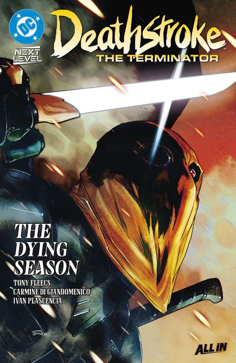"Deathstroke: The Terminator" in gelber Schrift, darunter "The Dying Season". Illustration einer maskierten Figur mit Schwert.