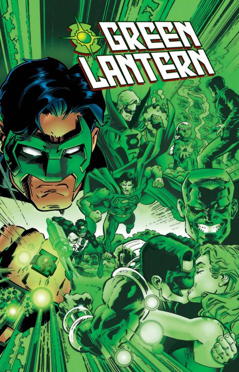"GREEN LANTERN", Illustration in Grüntönen. Superheld trägt Maske und Ring, dynamische Action-Szenen, Kuss-Moment.