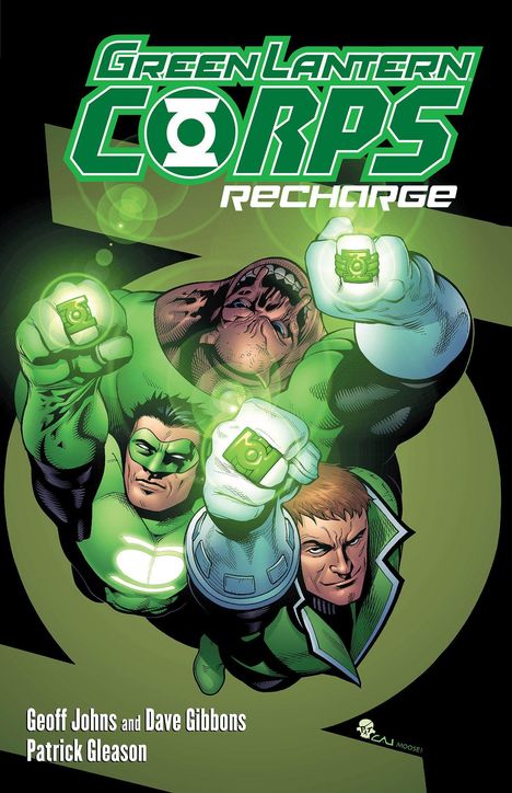 „Green Lantern Corps: Recharge“ steht oben. Drei Figuren in grünen Anzügen mit leuchtenden Ringen, dynamische Pose.
